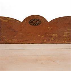 Victorian scumbled pine and sycamore dresser base, the sycamore top framed within shaped gallery, fitted with seven drawers and central cupboard enclosed by half columns mounts, on turned feet 