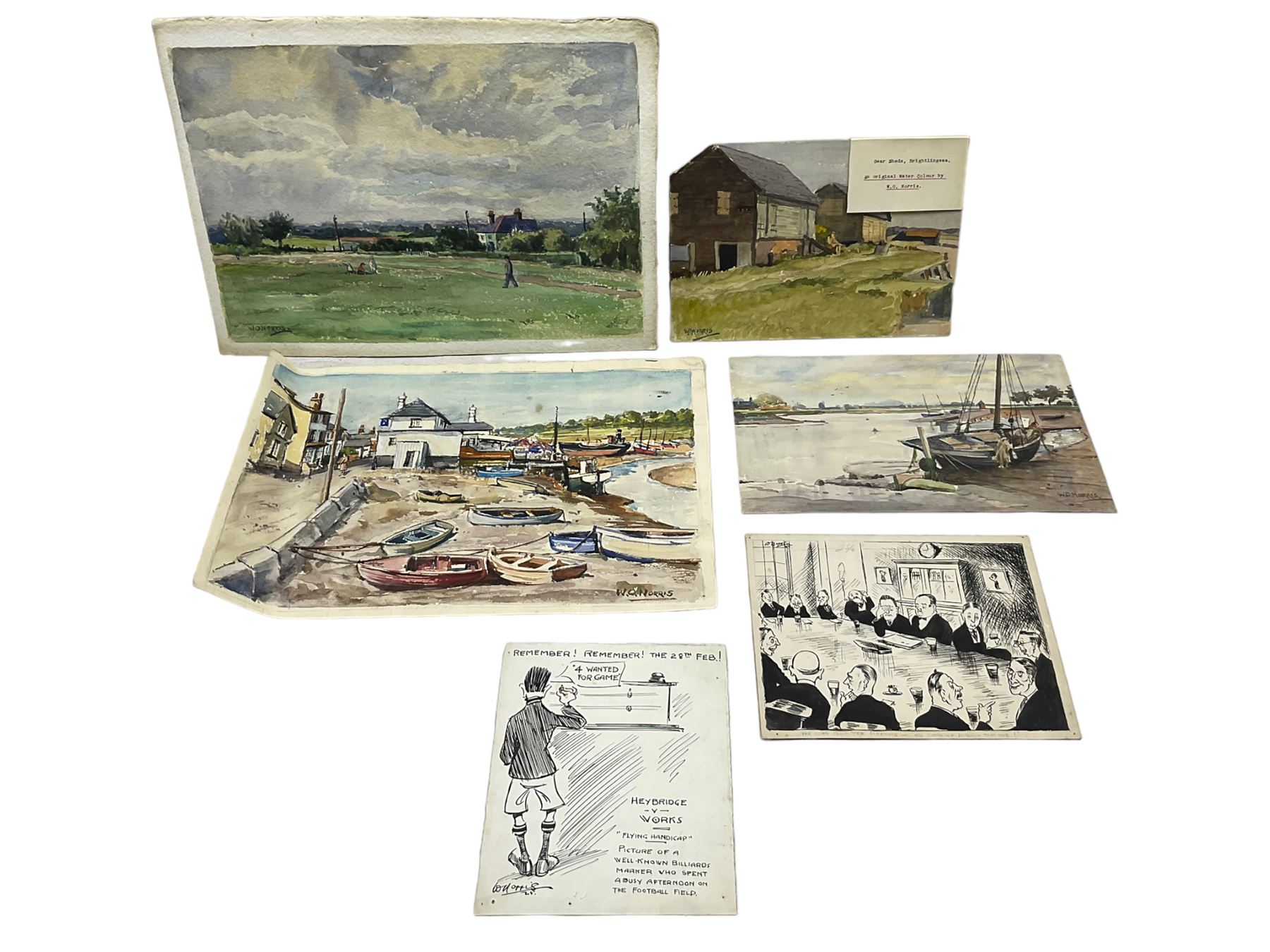 William O Norris (British 19th Century): Large folio of humorous pen and ink illustrations for Crittall Magazine and other original works to include various advertisement drafts for Eastern National and Marconis Wireless Telegraph Company, mostly dated '25, and a photograph of the artist at work, max 36cm x 46cm 