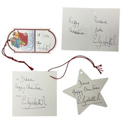 HM Elizabeth II - four Christmas gift tags each of a different design and shape but all inscribed to Diane from Elizabeth R with three also inscribed Happy Christmas (4)