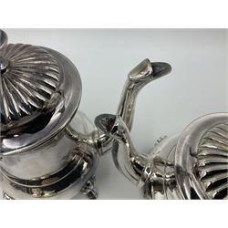 Miniature silver plated four piece tea service, comprising coffee pot, teapot, milk jug and sugar bowl, stamped GRC EPNS beneath, coffee pot H16cm