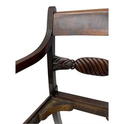 Georgian design set of six (6+2) mahogany dining chairs, the bar cresting rail inlaid with figured mahogany panel, shaped twist lobe carved middle rail with extending stylised leaf decoration, upholstered drop-in seat, on turned front supports 