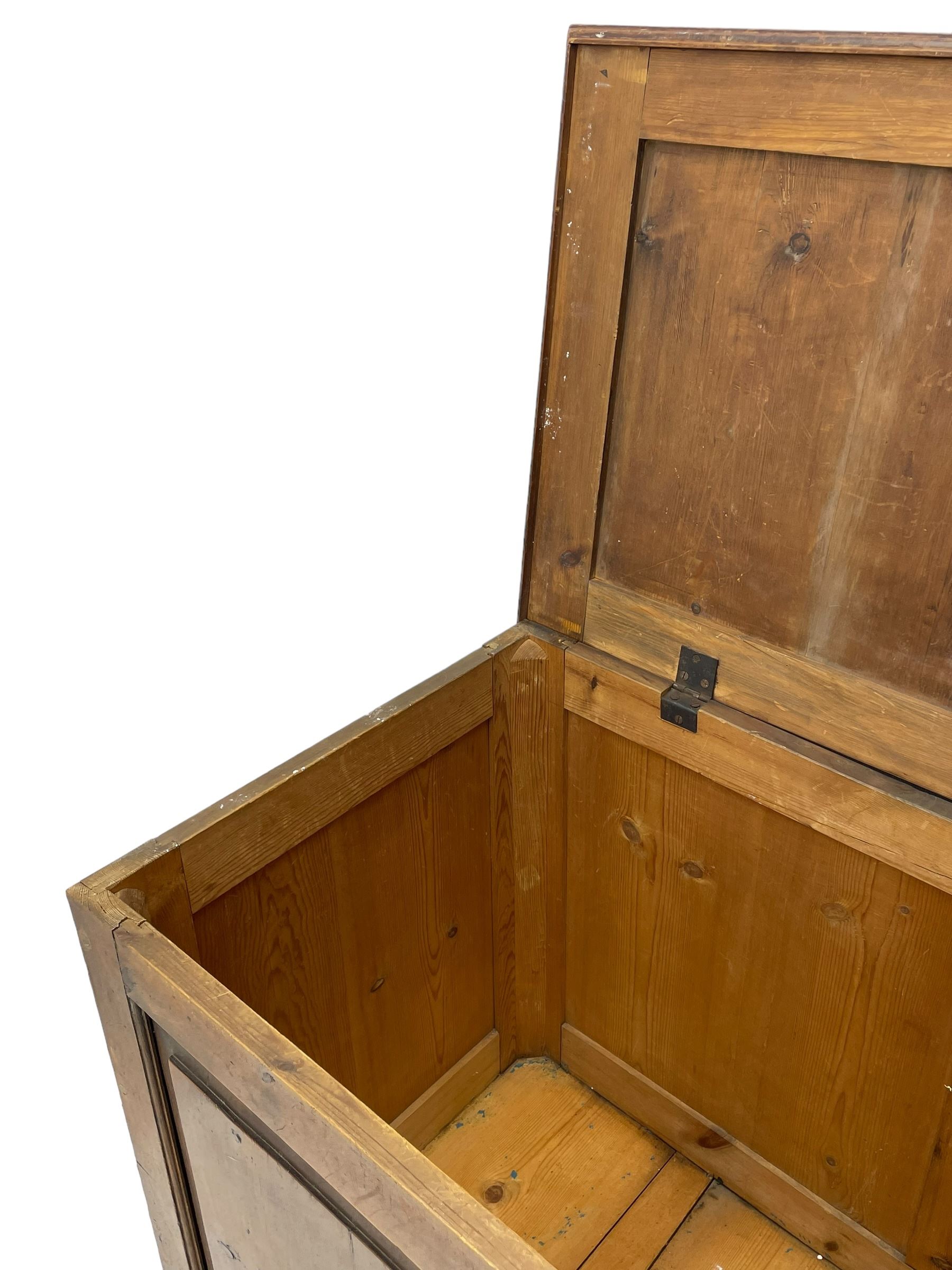 19th century pine blanket chest, double panelled hinged lid over panelled front and sides, on bracket feet