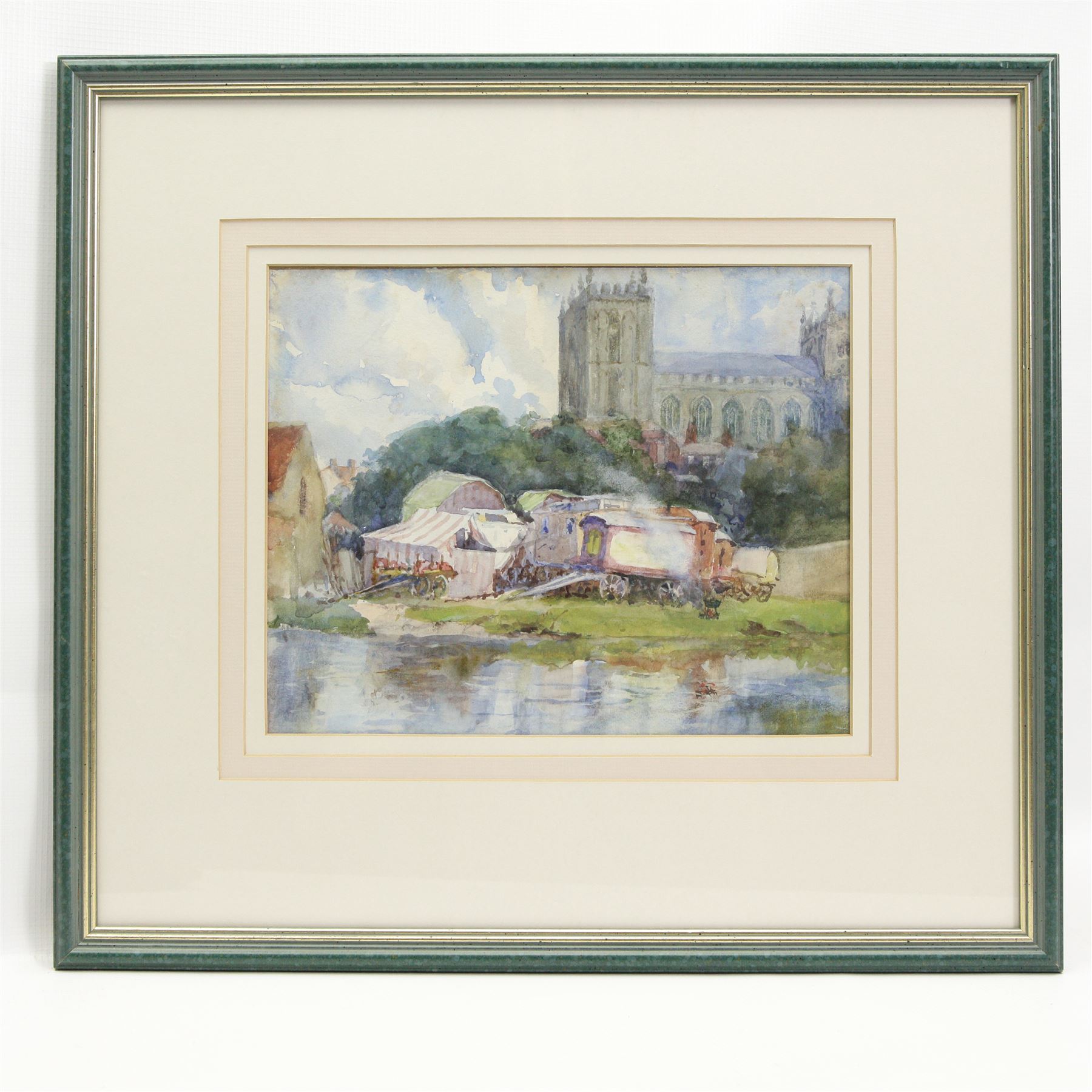 English Impressionist School (Early 20th century): Gypsy Encampment by River and Church, watercolour indistinctly signed 24cm x 29cm