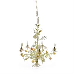 Mid-20th century French toleware chandelier, designed as a multicoloured floral bouquet, f...