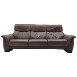 Ekornes Stressless - three-seat sofa upholstered in chocolate brown leather, with high backrests, cushioned headrests, and manual reclining mechanism (L248cm, D84cm, H102cm); with matching two-seat sofa (L184cm, D84cm, H102cm)