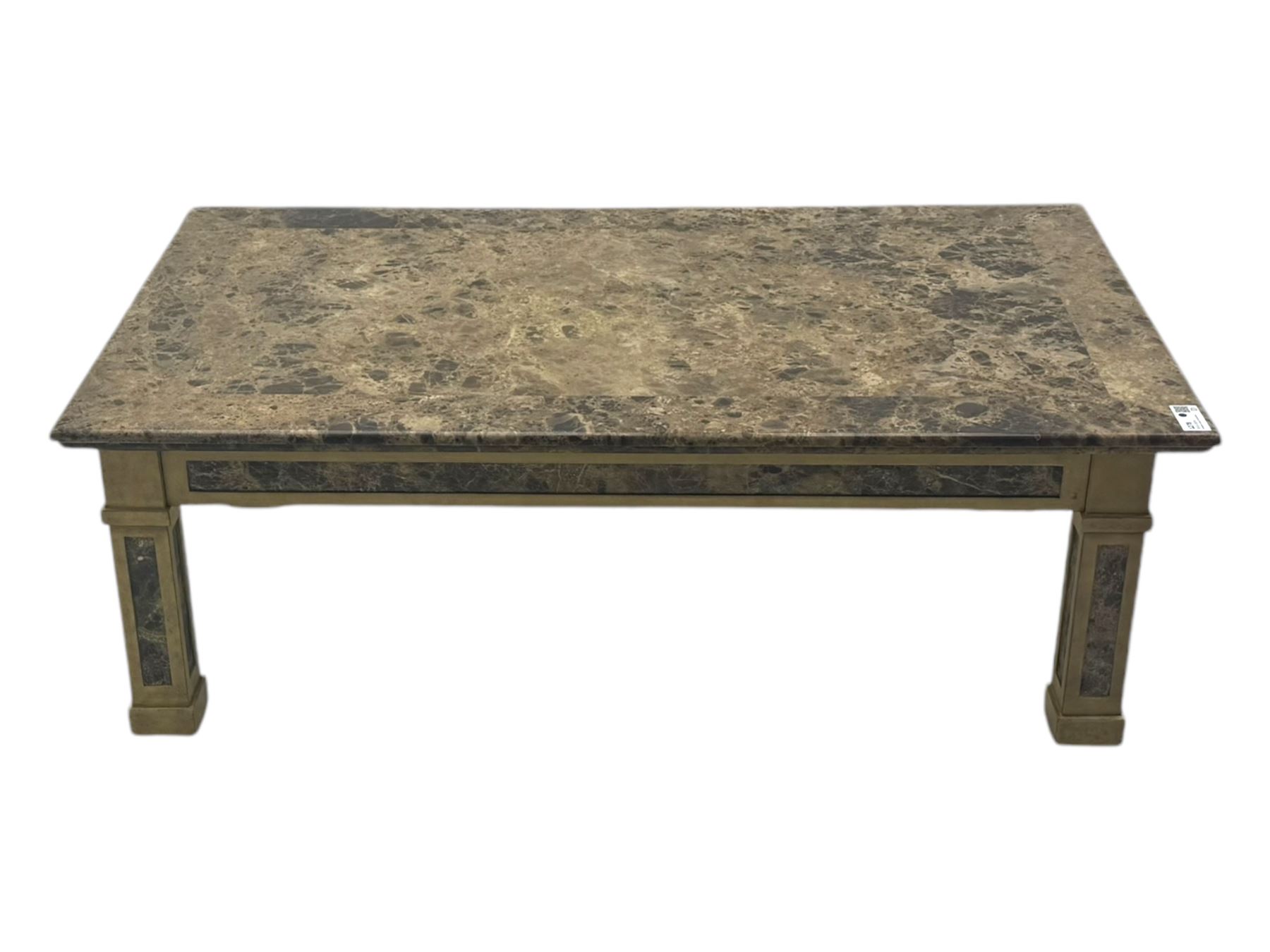 Rectangular coffee table, variegated marble top, on square supports with block feet 