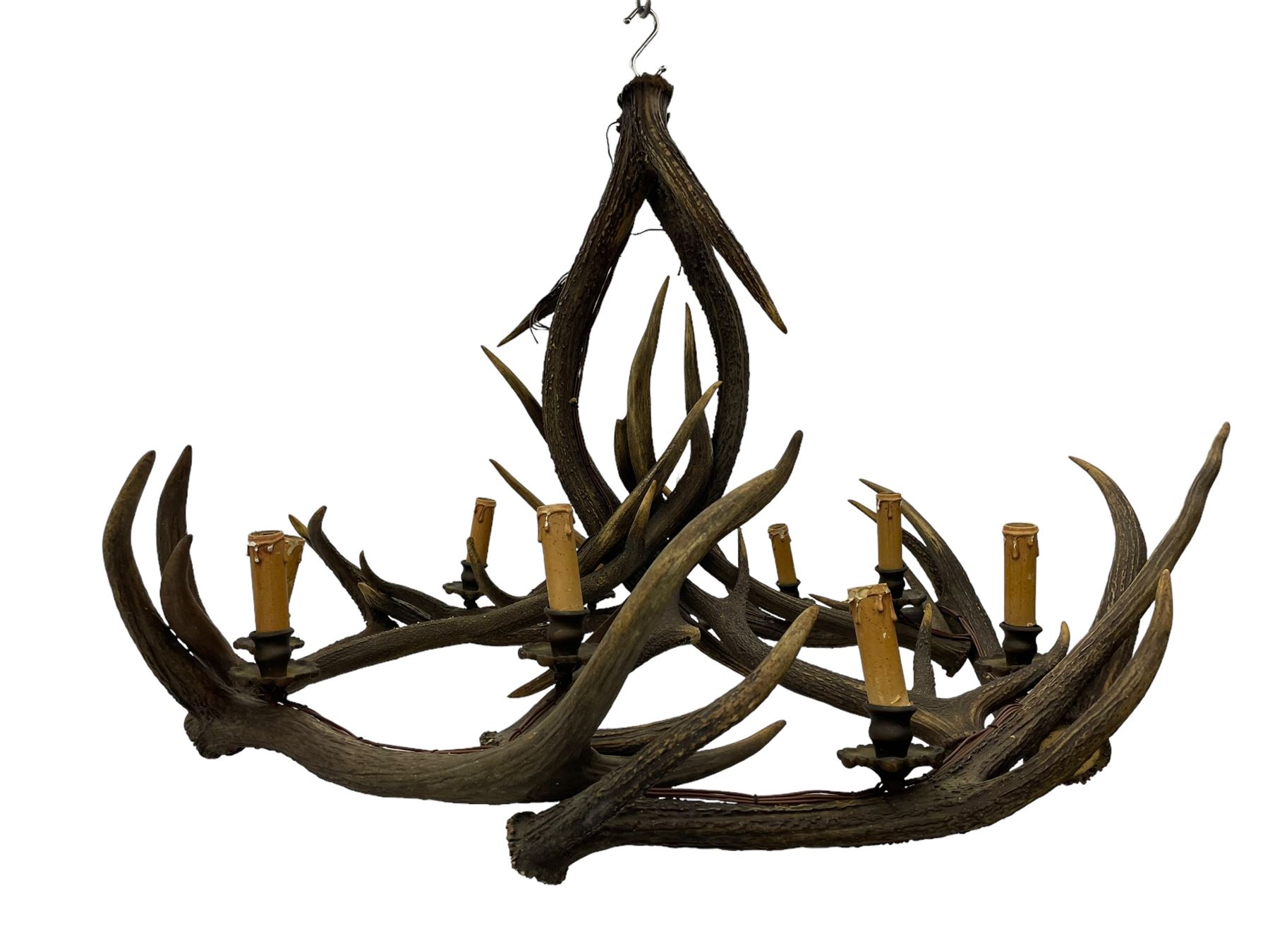 Deer antler chandelier, of circular shaped form, with nine fitted lights, D84cm, H65cm