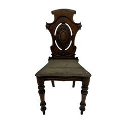 Victorian oak hall chair with scroll carved and pierced back, shaped seat and turned front supports