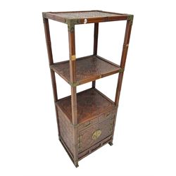 Chinese design bamboo and wood what-not or etagere, parquetry lattice-work bamboo, three tiers over two small drawers and cupboard