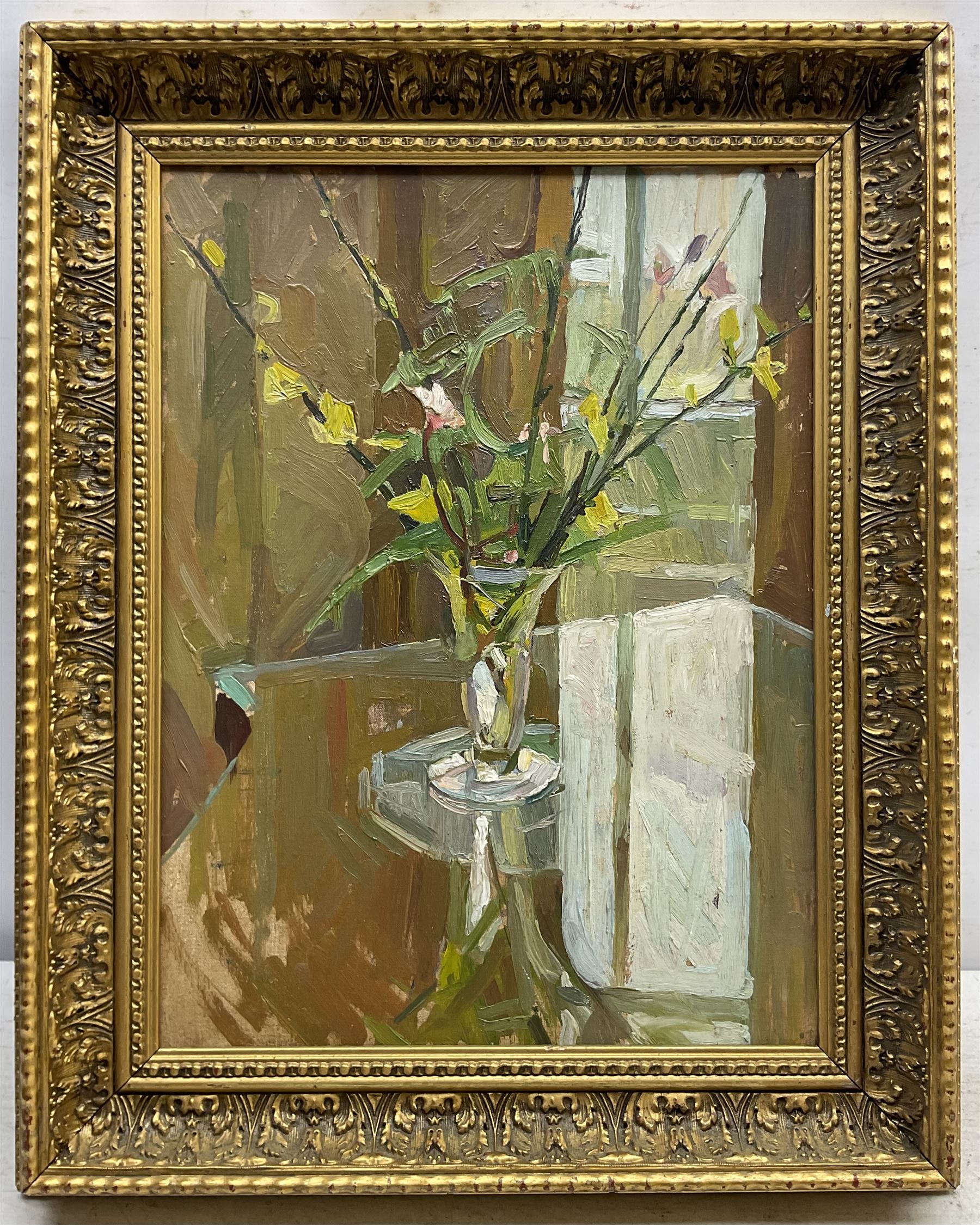 English School (Mid 20th century): Flowers in a Loving Cup, oil on canvas laid on to board indistinctly signed 33cm x 24cm, together with another still life oil on canvas laid on to board by a different hand unsigned 30cm x 40cm (2)