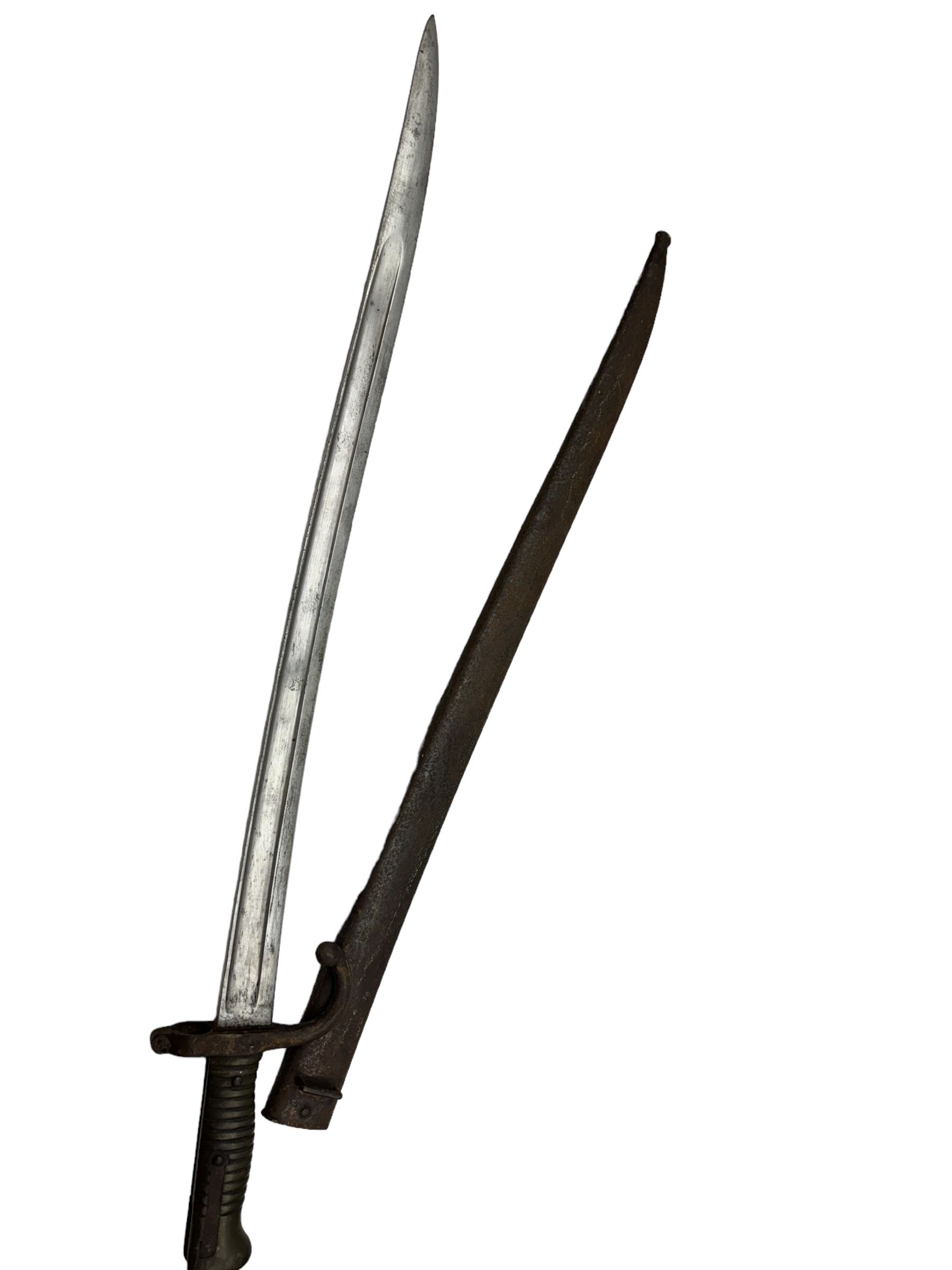 WWI French Chassepot Sword bayonet 57cm steel blade inscribed to the back-edge 'Tulle Juillet 1874', the cross-guard with indistinctly impressed number, in its steel scabbard, L71cm