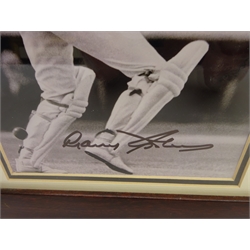  Cricketing memorabilia - signed photographic print of Sir Garfield Sobers, his batting, fielding and bowling averages, Wisden Cricketers of the Century stamp sheet, and other prints in mounted framed display, authenticated by 'Heroes Memorabilia', L50cm x H40cm  