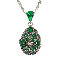 Silver plique-a-jour and marcasite egg shape opening pendant necklace stamped 925