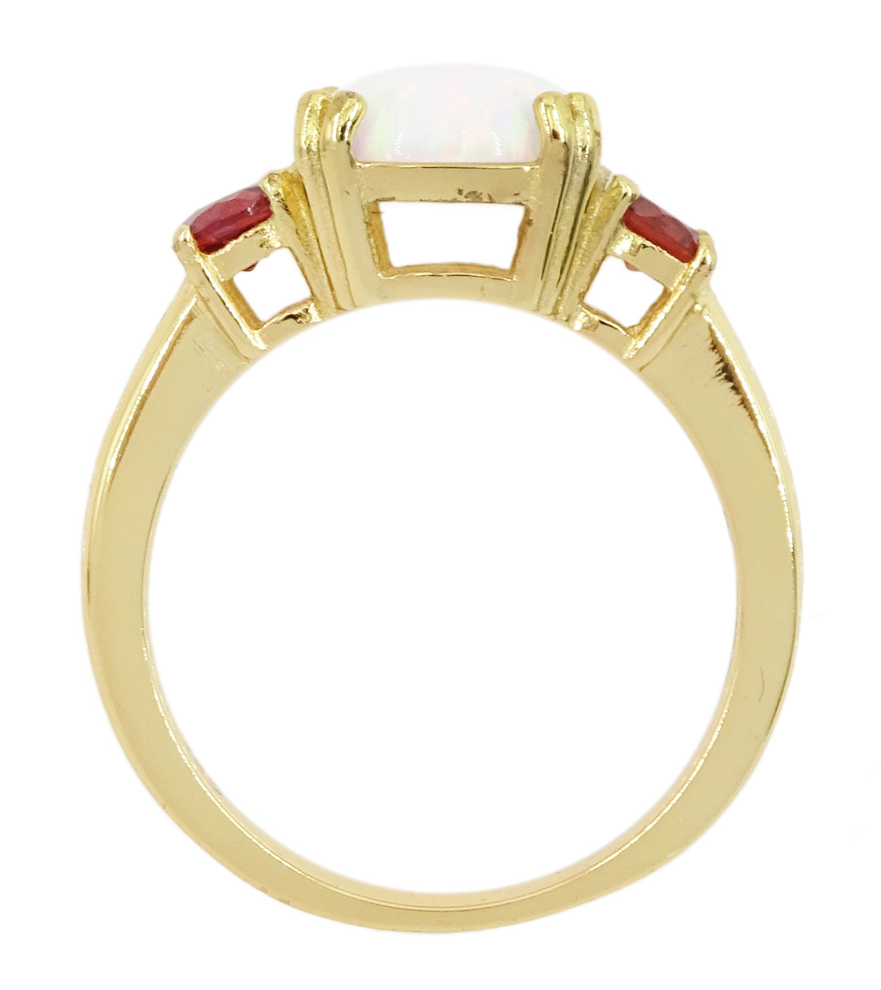 Silver-gilt three stone opal and garnet ring, stamped 925