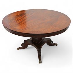 William IV mahogany breakfast or centre table, circular tilt-top with book-matched figured veneers within crossbanding, tapered square column on concaved square platform, four splayed acanthus carved feet with brass hairy paw castors 