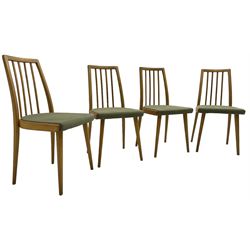 Set of four mid-20th century beech framed dining chairs, vertical slat back over upholstered seats, on tapering supports