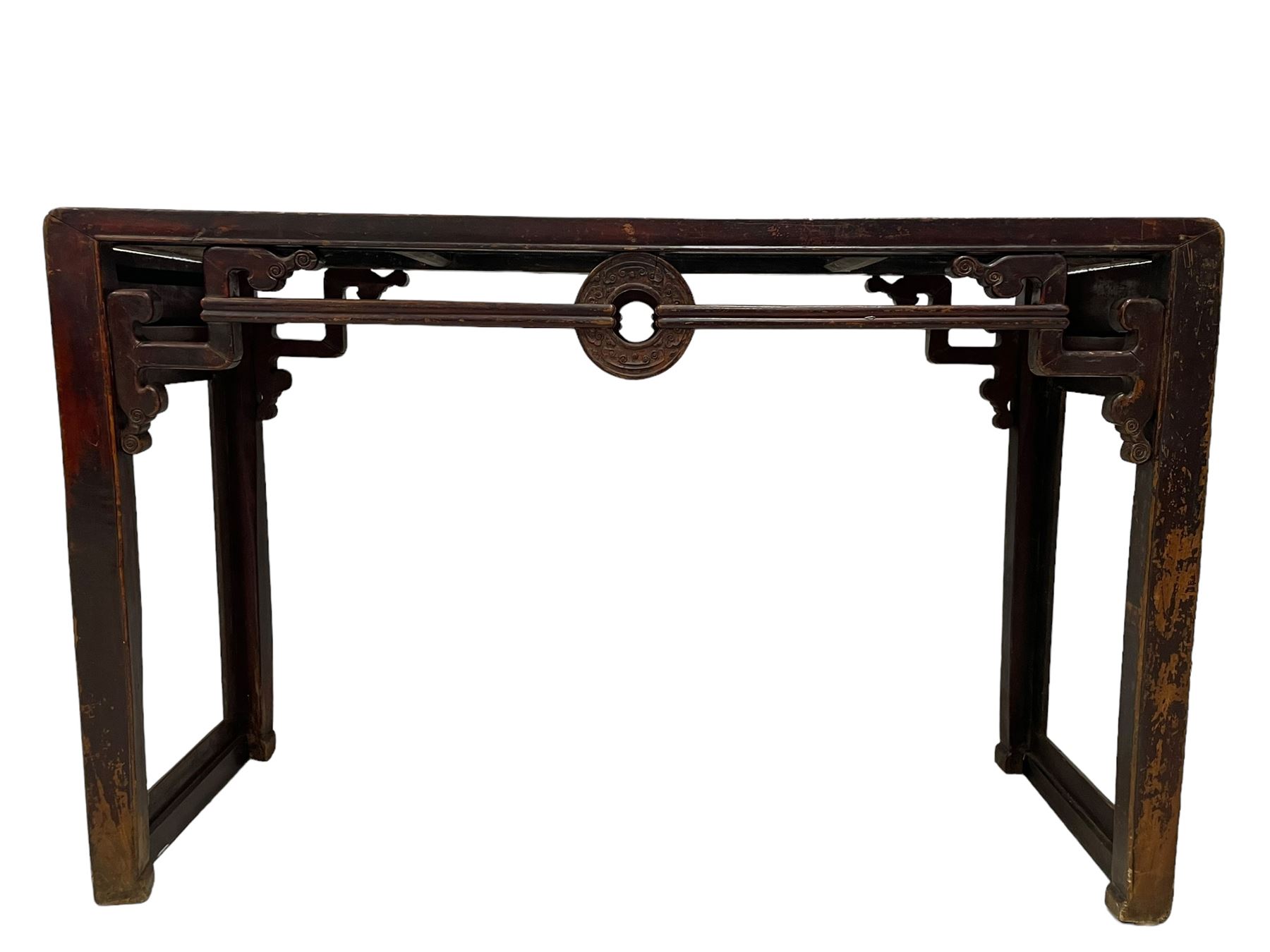 19th century Chinese lacquered hardwood altar table, rectangular top with moulded edge, the pierced and carved frieze decorated with Chinese scroll symbols and a central circular roundel motif with raised scrolling carvings, on rectangular end supports