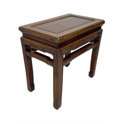 Pair of Chinese Hong Kong hardwood side tables, rectangular panelled top within moulded frame, the frieze rails carved with bats, on square supports terminating to hoof feet, united by shaped upper rails