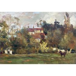 Thomas Churchyard (British 1798-1865): Horse and Figure in a Field with House Beyond, oil on panel unsigned, inscribed 'Thomas Churchyard of Woodbridge' 18cm x 26cm