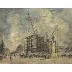 English School (Early 20th century): The Construction of the Queen's Hotel Leeds, oil on canvas unsigned 60cm x 75cm
Notes: The first railway hotel on this site was opened in 1863 for the Midland Railway. The Midland Railway was taken over by the London, Midland and Scottish Railway and in 1935 it was decided to demolish the old building and build a grand new one. This was officially opened on 12 November 1937, by the Princess Royal and Lord Harewood. The architect was W. H. Hamlyn 