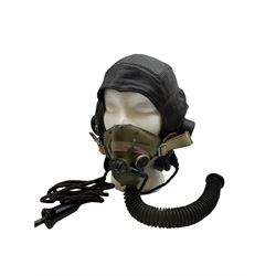 British RAF Flying Helmet complete with AM marked headphones and wiring loom with jack plug, with oxygen mask 