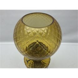 Victorian oil lamp, the glass reservoir upon brass stem and stepped circular base, with glass shade