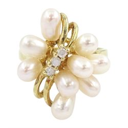 9ct gold pearl and three stone diamond cluster ring, Birmingham import mark 1992