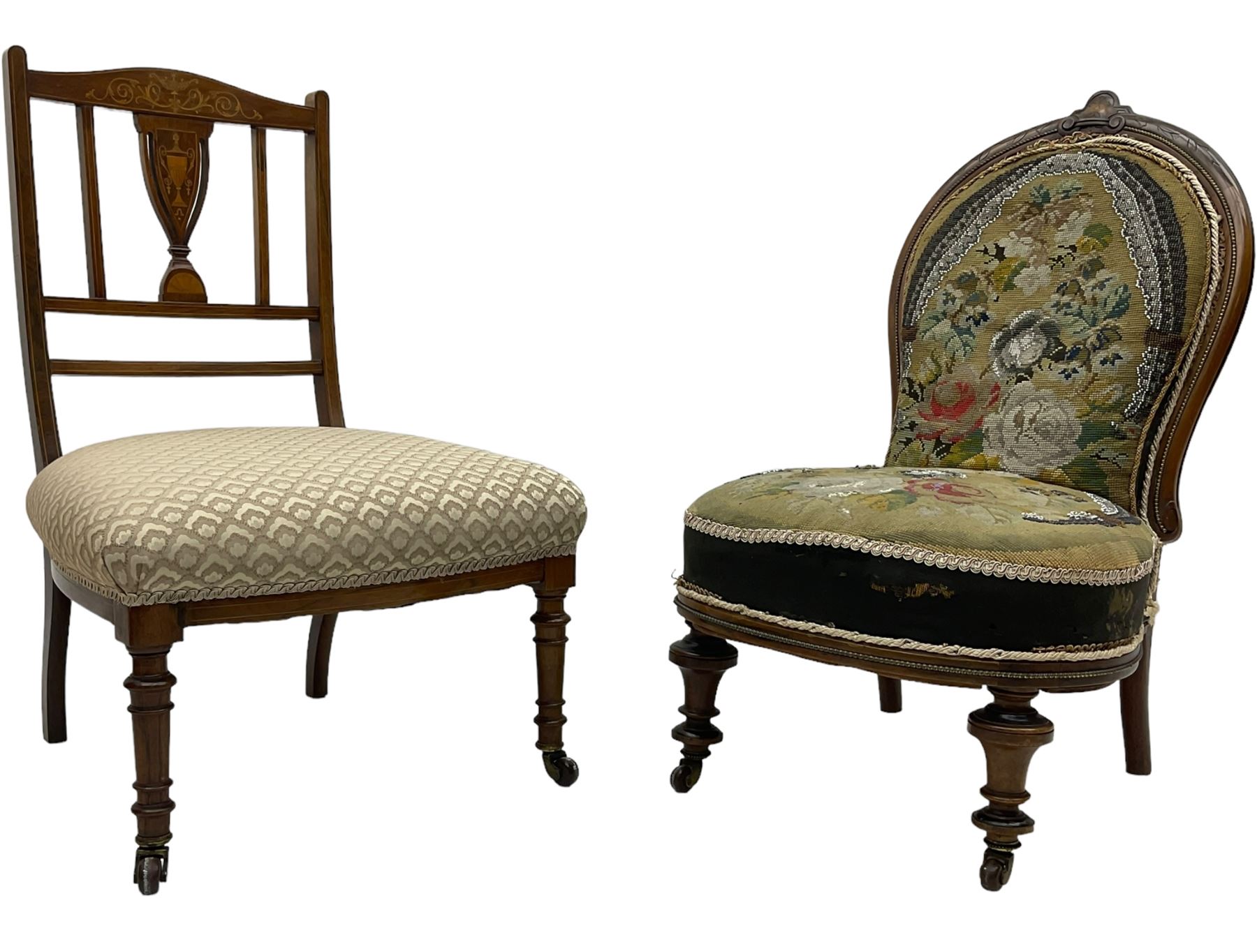 Early 20th century mahogany side chair, detailed marquetry frame, backrest with central urn motif and scrollwork inlay, arched crest rail with floral designs, cream and gold patterned fabric seat, turned front legs with brass castors (H78cm); Victorian walnut nursing chair, carved crest rail, floral needlepoint tapestry upholstery, turned front legs with ceramic castors (H81cm)