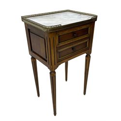 Pair of French design mahogany and marble bedside lamp tables, rectangular white marble top with raised brass gallery, fitted with two drawers, sunken facias with applied brass edging, panelled sides, on turned and fluted tapering supports 