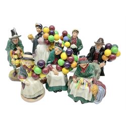 Seven Royal Doulton figures, including The Mask Seller HN2103, Silks and Ribbons HN2017, Balloon Girl HN2818, Balloon Boy HN2934 and other balloon sellers 