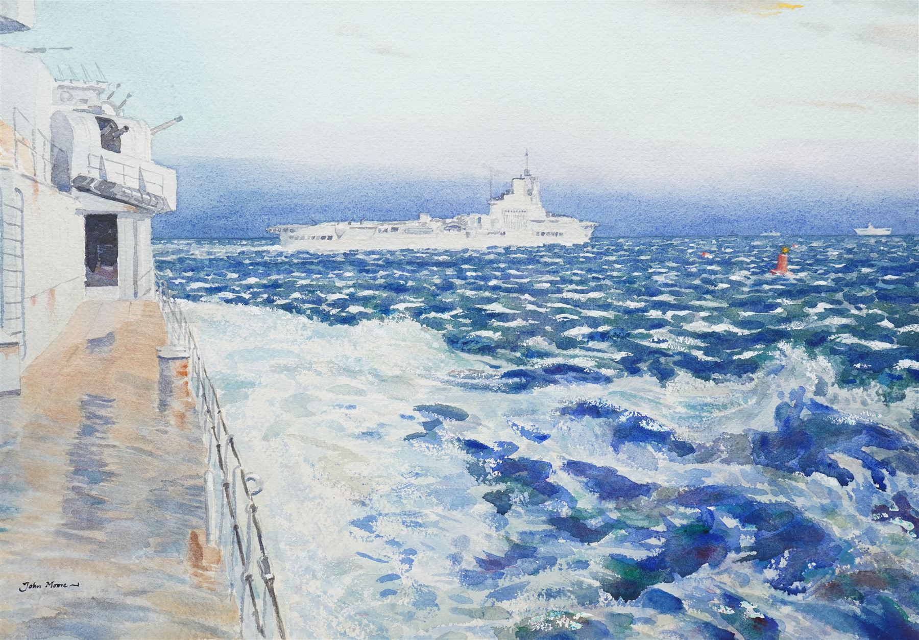 Rear Admiral Humfrey John Bradley Moore RI (British 1898-1985): 'Dawn Departure' Destroyer Portrait, watercolour signed, titled verso on Guildhall Art Gallery label 36cm x 52cm