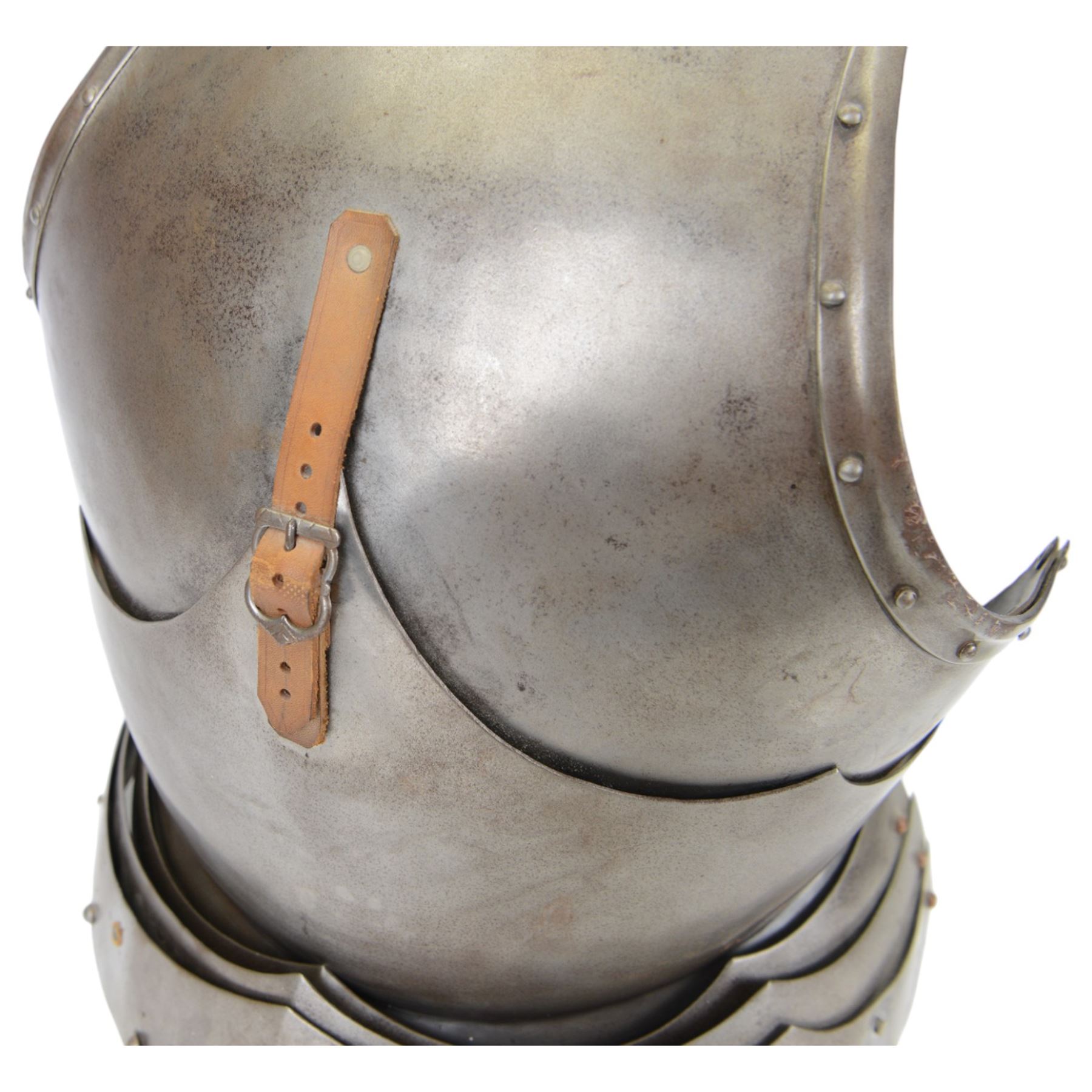 20th Century replica of a continental Cuirass body armour, comprising of breastplate and two leg guards with leather straps