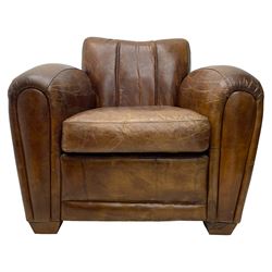 Rockson - club armchair, dished cresting rail over curved arms, upholstered in brown stitched leather, on block feet