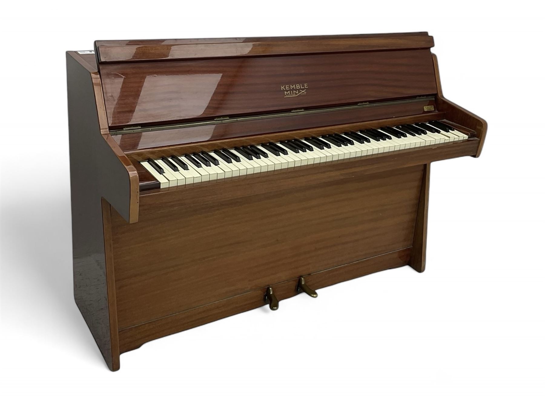 Kemble - Mini X miniature upright piano in sapele mahogany case, with an iron overstrung frame, underdamper action, original hammers, dampers and felts, with sustain and sostenuto pedals, 88 keys (seven octave) keyboard. 