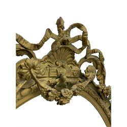 19th century giltwood and gesso girandole wall mirror, the raised pediment decorated with ribbon tie over curled acanthus leaves and flowerhead festoons, oval egg and dart moulded frame with outer bead, three projecting candle sconces in the form of scrolled acanthus leaves, lower shell motif with extending leaf decoration 