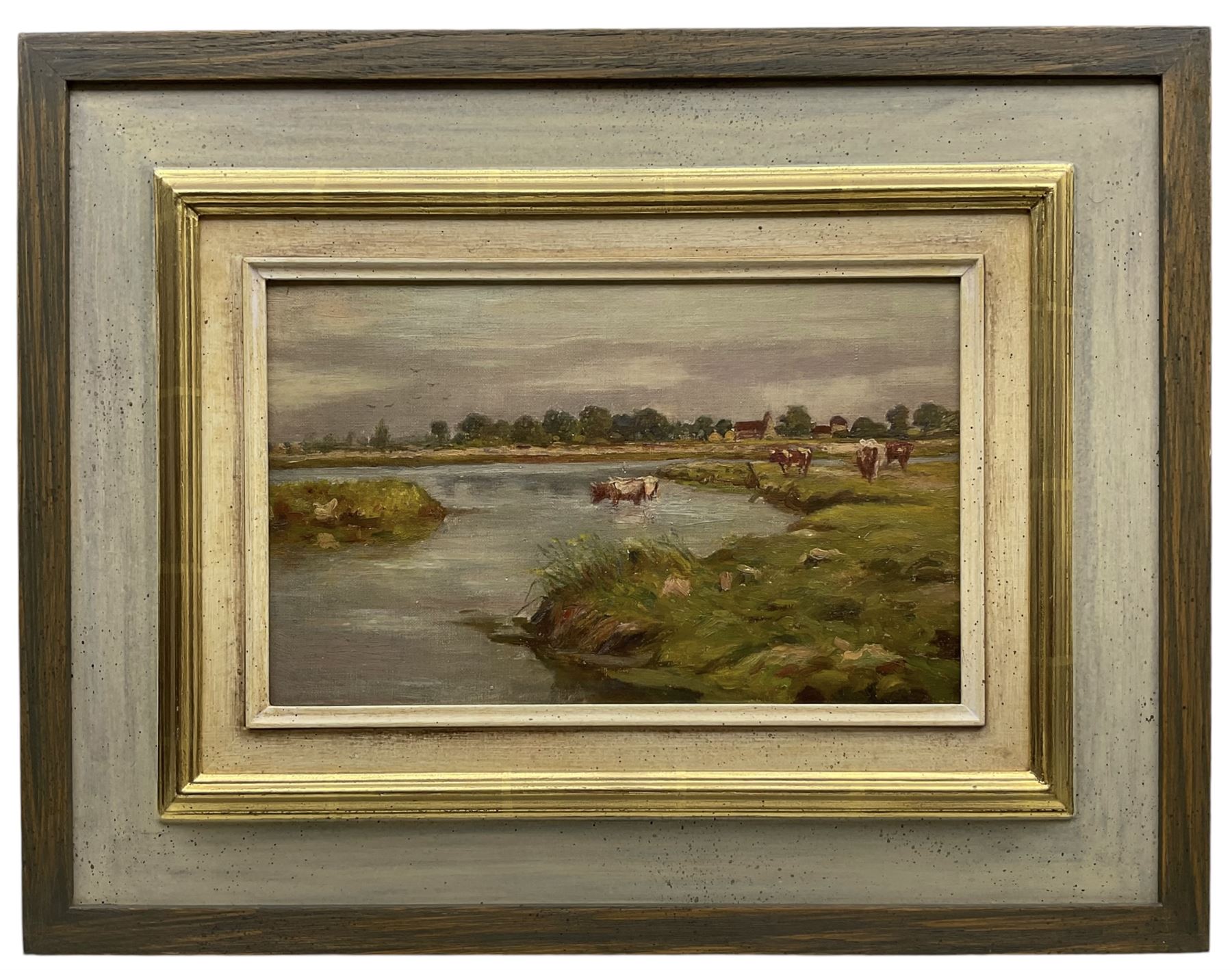 Frederick William Jackson (Staithes Group 1859-1918): Cattle Taking a Drink, oil on canvas laid on board unsigned 19cm x 31cm 
Provenance: exh. Phillips & Sons Cookham, October 1988, label verso