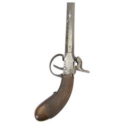 Late 19th century Belgian percussion boxlock pocket pistol, marked PM, with octagonal barrel and checkered wooden grip, L23cm
Sold as an exempt item under Section 58 (2) of the 1968 Firearms Act, to be held as a curiosity or ornament