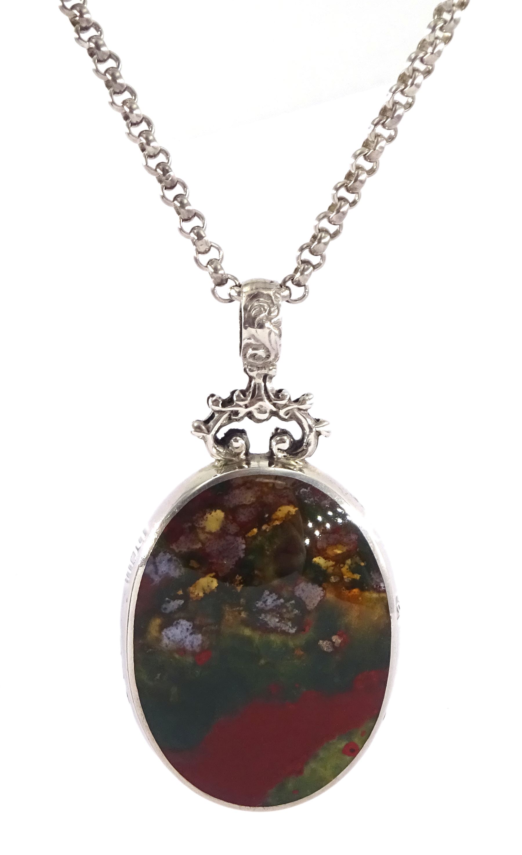 Silver moss agate and banded green agate pendant by David Scott Walker, Sheffield 1999, on silver belcher link chain necklace, stamped 925