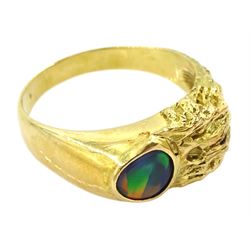 18ct gold single stone black opal textured design ring