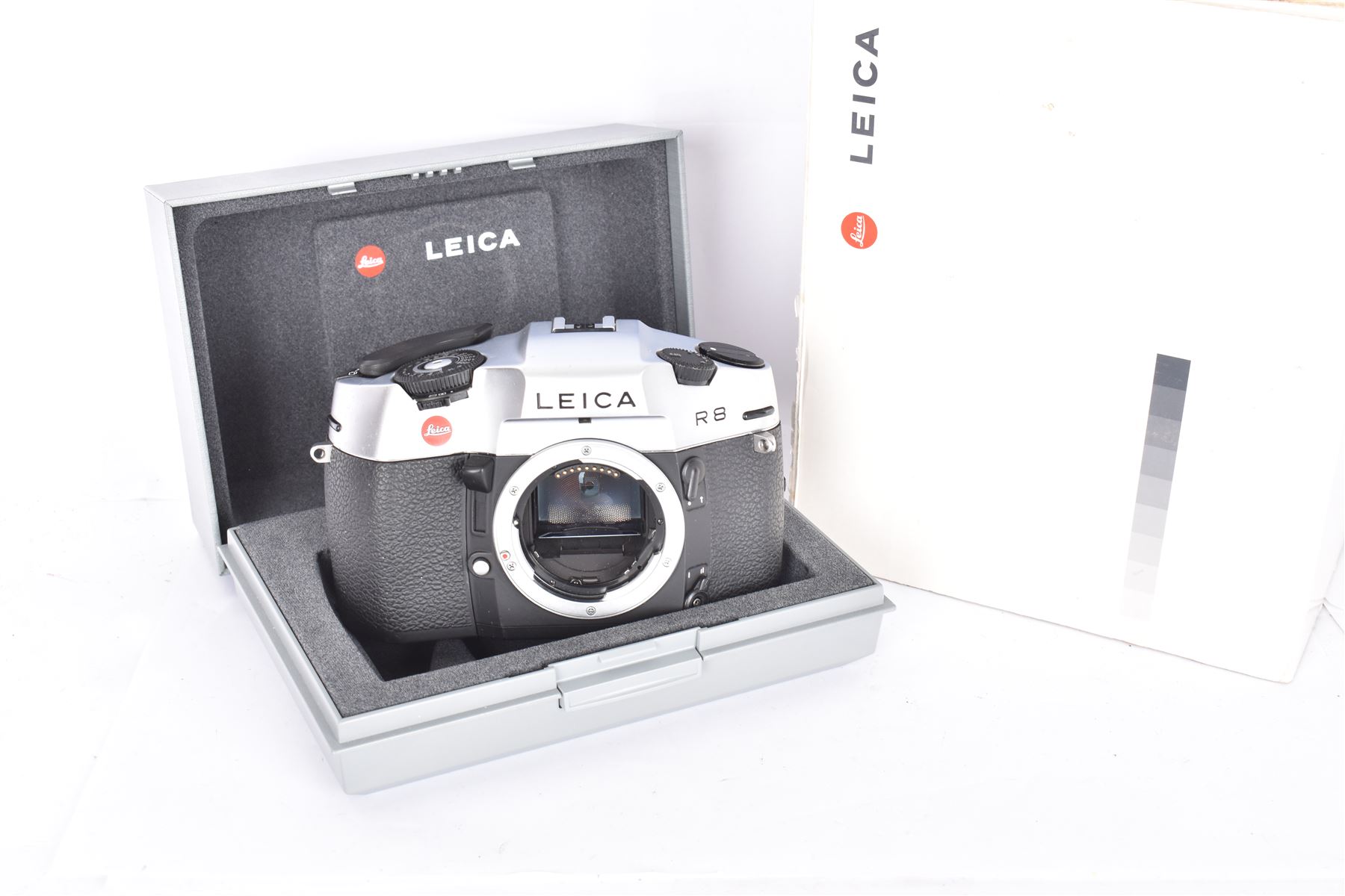 Leica R8 SLR camera body, in chrome and black finish, serial no. 2292640, made in Germany 1996, contained within maker's box with instructions and shoulder strap