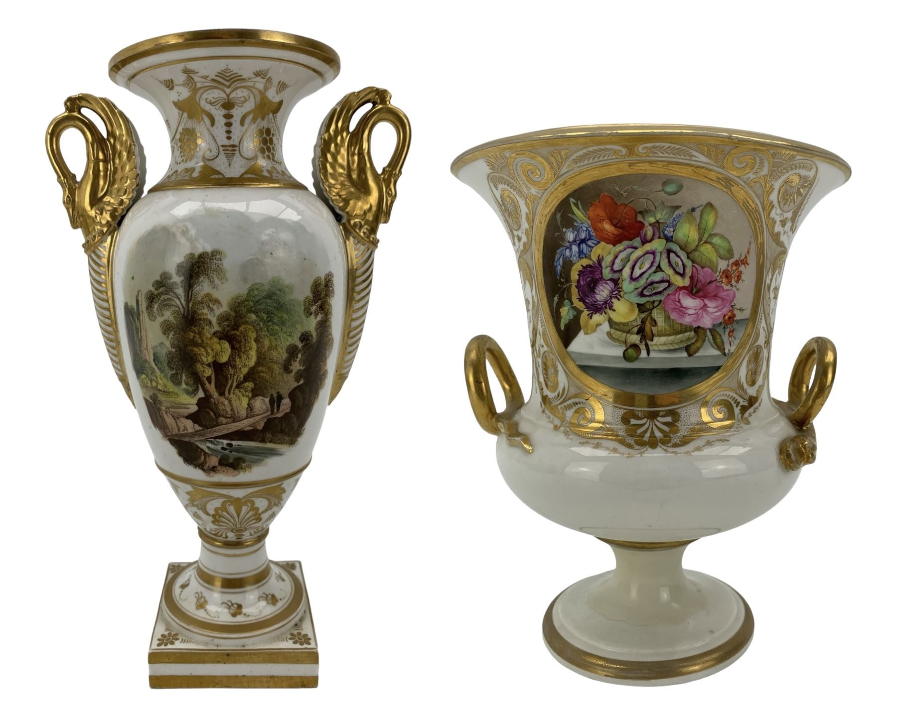 Early 19th century Derby vase, of campana urn form, decorated to one side with a hand painted reserve of a basket of flowers, within a scroll gilt border and twin serpent form handles, H20.5cm together with a Bloor Derby vase, hand painted with figures in a wooded landscape, with twin gilt swan form handles, upon a square pedestal foot, H25cm (2)