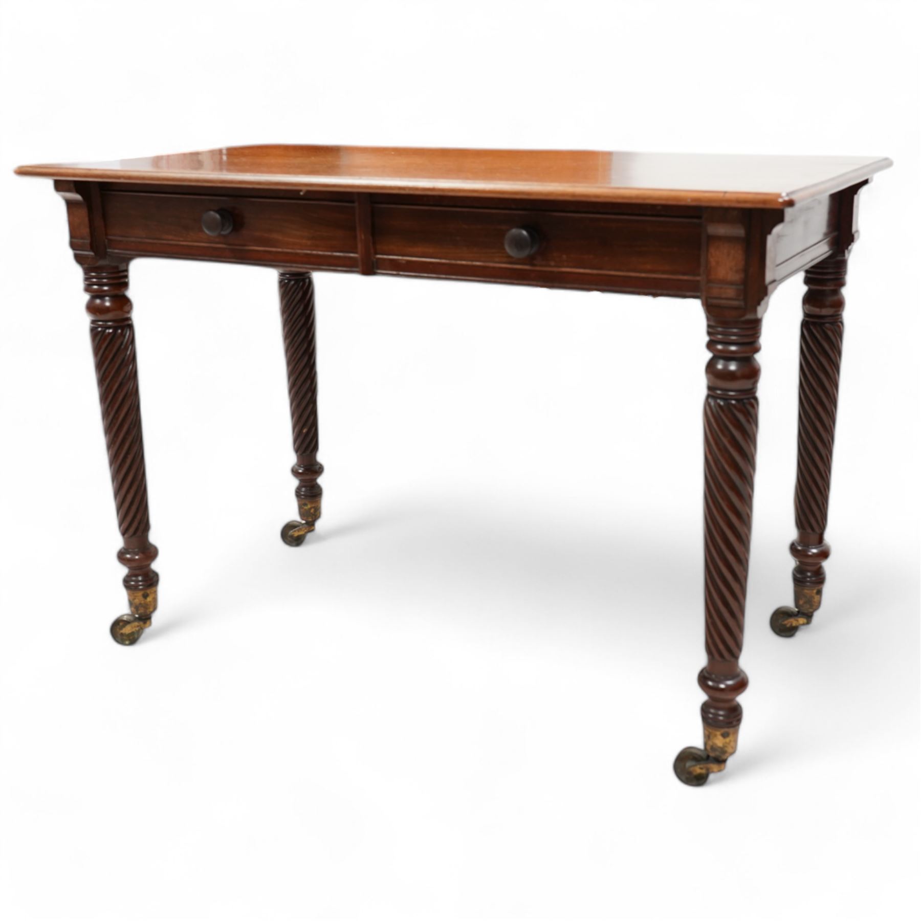 Victorian mahogany side table, moulded rectangular top over two drawers, on rope twist supports with brass cups and castors 