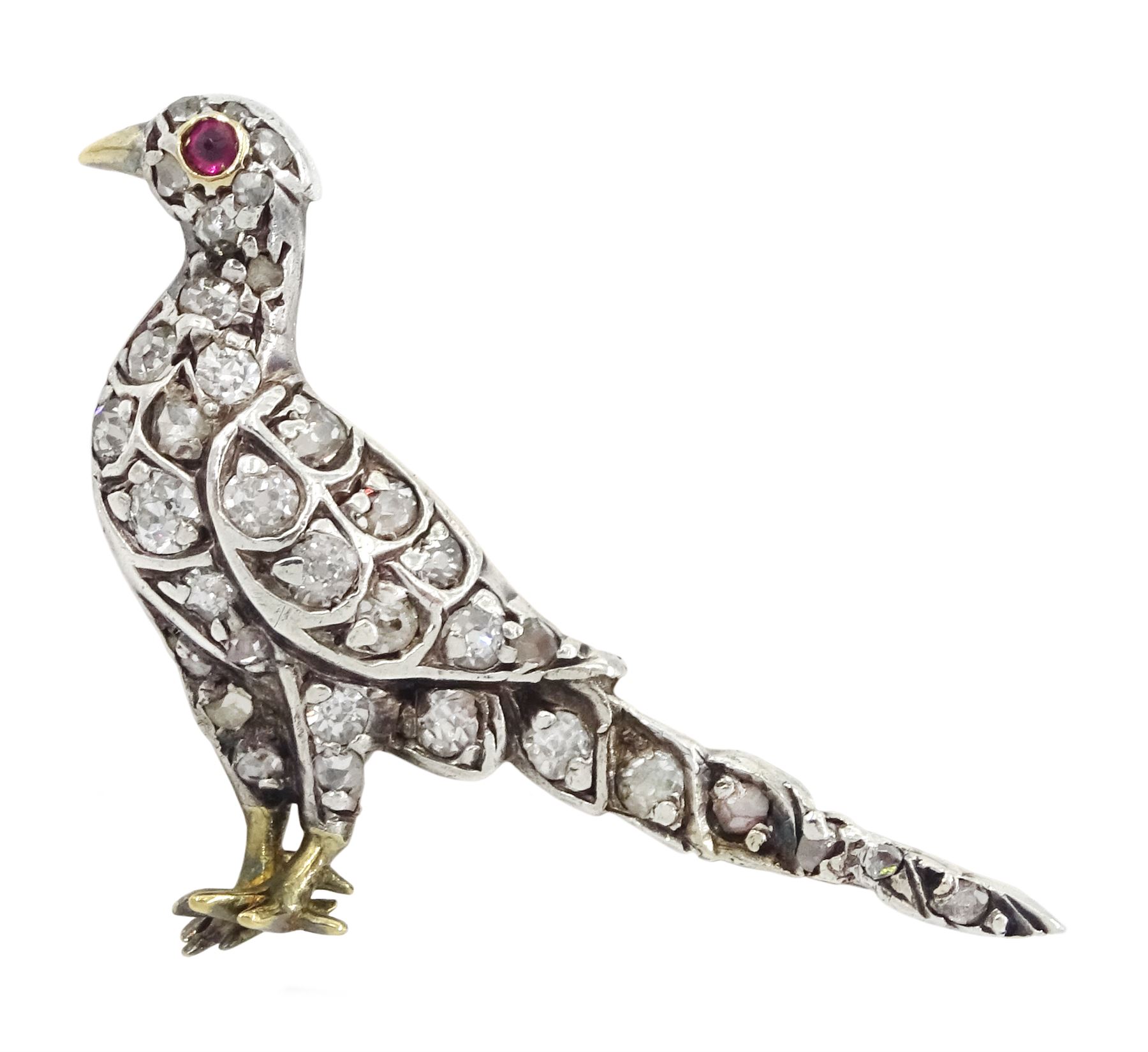 Victorian silver and gold diamond pheasant brooch, old and rose cut diamond body and a ruby set eye