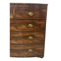 George III mahogany bow-front chest, fitted with two short over three long graduating cock-beaded drawers, on compressed bun feet