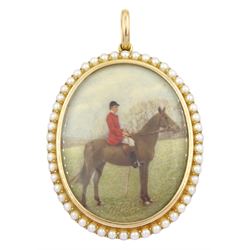 Early 20th century 15ct gold seed pearl locket pendant, with later overpainted print of a huntsman on horseback