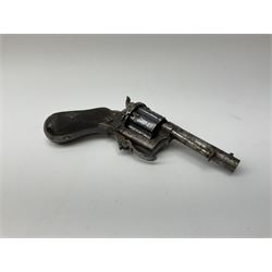 Mid-19th century Belgian 7mm pin-fire pocket revolver with six-shot cylinder, the 6.5cm barrel inscribed 'A. Fagnus Bte', folding trigger, chequered walnut split stock and fitted ejector rod, 17cm overall