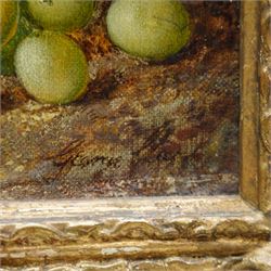 George Clare (British 1835-1890): 'Still Life' of Fruit on a Mossy Bank, oil on canvas signed, titled on Sutcliffe Galleries label verso 15cm x 22cm