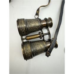 Pair of brass and mother of pearl opera glasses, together with a gilt metal pair of racing binoculars and one other pair, etc 