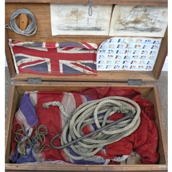  Late 19th century Shipwrights Toolbox, containing various tools including Caulking Mallet & Irons, Adze, Fid, Planes, Boring tool, Red Ensign etc, W71cm, D41cm H19cm  
