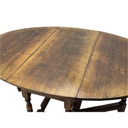 18th century oak dining table, oval drop-leaf top on gate-leg action base, turned supports united by turned stretchers, fitted with single end drawer